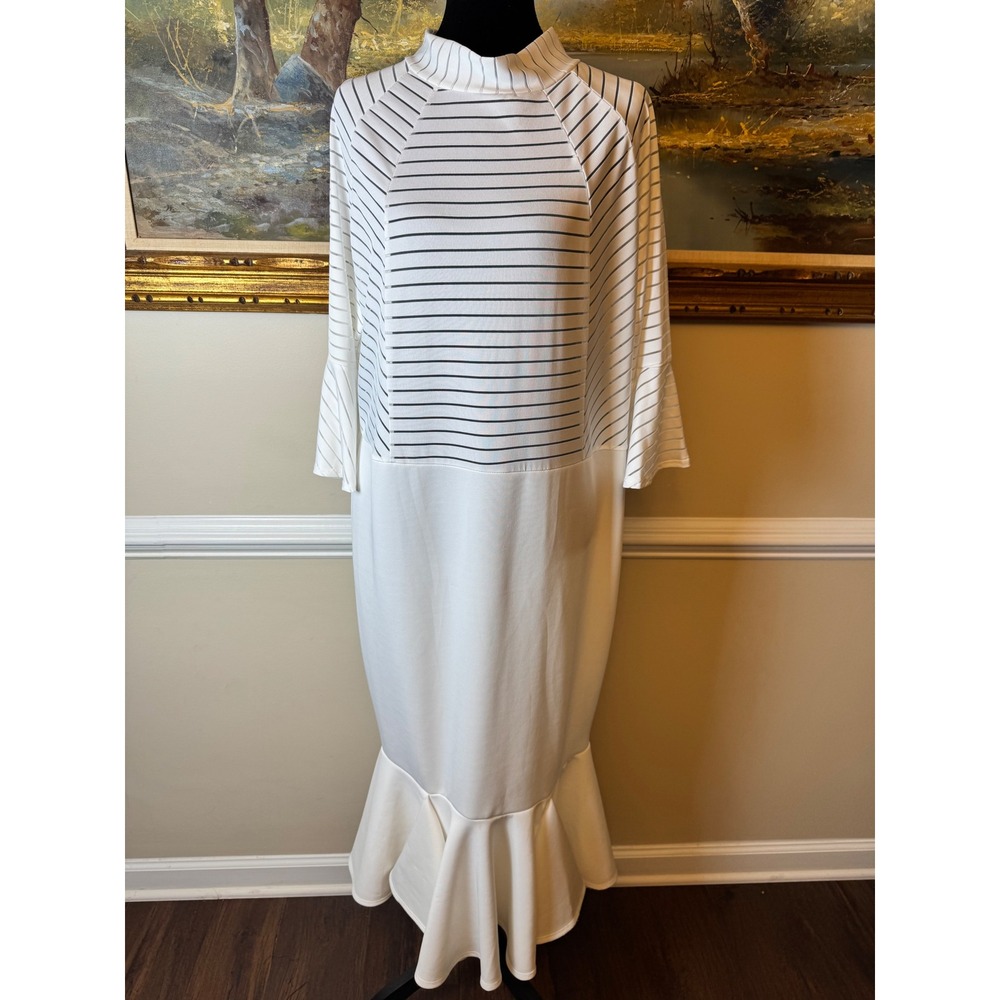 Y2K Glam White‎ Striped Mesh High Neck Mermaid Ruffle Bodycon Midi Dress